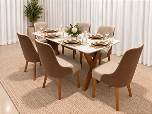 Mesa de Jantar Jasmine 160x90 Vidro Off/Base Madeira + 6 Cad. Luna Concha - Linho Bege com Corino