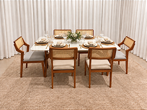 Mesa de Jantar Jasmine 180x90 Vidro Off/Base Madeira + 4 Cad. Tela Bruna Madeira Maciça - Linho Bege + 2 Cadeiras Madisson Linho Cinza