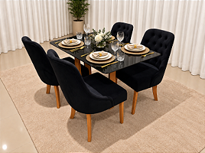Mesa de Jantar Larissa 120x90 Vidro Preto/Base Madeira + 4 Cad. Concha Luna - Veludo Preto