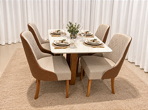 Mesa de Jantar Larissa 120x90 Vidro OffWhite/Base Madeira + 4 Cad. Concha Luna - Linho/Corino