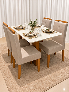 Mesa de Jantar Larissa 120x90 Vidro Off/Base Madeira + 4 Cad. Beth com Botão - Linho Bege