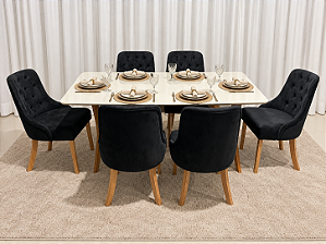 Mesa de Jantar Jasmine 160x90 Vidro Off/Base Madeira + 6 Cad. Luna Concha - Veludo Preto