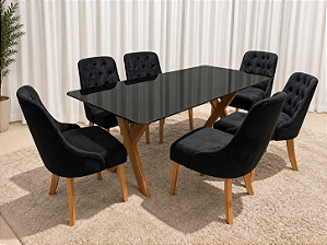 Mesa de Jantar Jasmine 160x90 Vidro Preto/Base Madeira + 6 Cad. Luna Concha - Veludo Preto