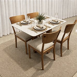 Mesa de Jantar Larissa 120x90 Vidro Off/Base Madeira + 4 Cad. Luana encosto Madeira Maciça - Linho Bege