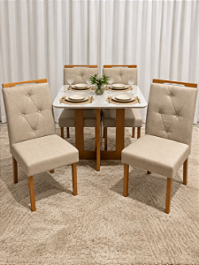 Mesa de Jantar San Marino 90x90 Vidro Off/Base Madeira + 4 Cad. Beth com Botão - Linho Bege