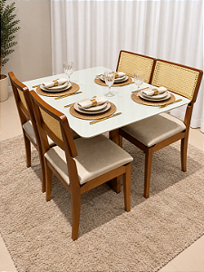 Mesa de Jantar San Marino 90x90 Vidro Off/Base Madeira + 4 Cad. Tela Bruna Madeira Maciça - Linho Bege