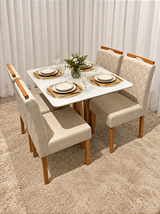 Mesa de Jantar San Marino 90x90 Vidro Off/Base Madeira + 4 Cad. Tula Dupla - Veludo Bege