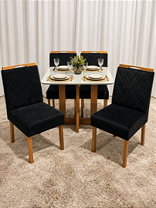 Mesa de Jantar San Marino 90x90 Vidro Off/Base Madeira + 4 Cad. Tula Dupla - Veludo Preto