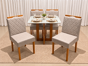 Mesa de Jantar San Marino 90x90 Vidro OffWhite/Base Madeira + 4 Cad. Tula Dupla - Linho Cinza