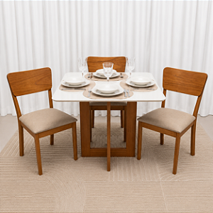 Mesa de Jantar San Marino 90x90 Vidro Off/Base Madeira + 4 Cad. Luana encosto Madeira Maciça - Linho Bege