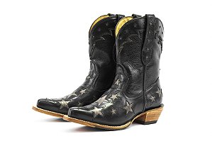 Bota Feminina Goyazes Couro Mustang Preto Estrelado