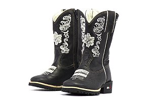 Bota Mr West Infantil Fossil Preto  Cano F Preto Bordado Prata - Branco - Flex