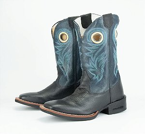 Bota Masculina Austin Ranch - Cano Médio/ Bico Quadrado/ Solado Flex/ Cor: Preto/ Azul Marinho - Cód. 12A008F2P
