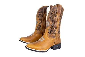 Bota Feminina Mr West - Cor: Fóssil Mostarda/ Bordado chumbo e preto/ Solado Flex/ Bico Quadrado - Outlet