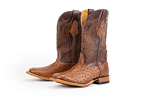 Bota Masculina Goyazes Solado Couro/ Bico Quadrado/ Avestruz/ Couro Mustang Café