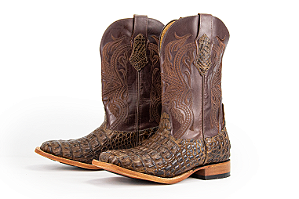 Bota Masculina Goyazes Solado em Couro/ Bico Quadrado/ Jacaré Tabaco/ Couro Mustang Café
