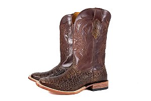 Bota Masculina Exotica Goyazes Solado em Couro/ Bico Quadrado/ Jacaré Tabaco/ Couro Mustang Café 241501-JC