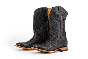 Bota Masculina Goyazes Solado em Couro/ Bico Quadrado/ Jacaré Barriga Preto/ Dallas Marinho