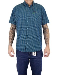 Camisa Masculina Ariat Xadrez Manga Curta - Azul turquesa com marinho bordado verde