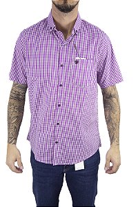 Camisa Masculina Ariat Xadrez Manga Curta - Pink com preto bordado pink