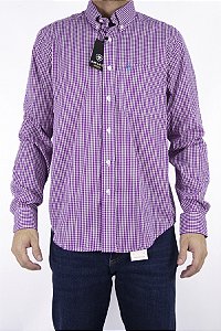 Camisa Masculina Ariat Manga Longa Xadrez Pequeno Vinho Bordado Azul