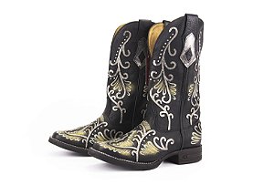 Bota Feminina Goyazes Bico Quadrado/ Solado Jump/ Cor Couro Pit Stop Preto/ Couro Pit Stop Preto 243201-CK