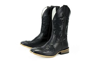 Bota Feminina Mr West Solado Couro/ Bico Quadrado/ B-36 Flor Preta Cor 1474/ Fóssil Preto/ Fóssil Preto