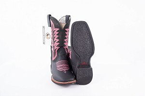 Bota Feminina Austin Solado Flex/ Bico Quadrado/ Cor Preto/ Preto Bordado Rosa