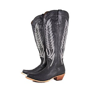 Bota Feminina Goyazes bico fino/cano bem longo com zíper lateral/cor Couro Bison Preto USA / Couro Bison Preto USA - 259802-CC