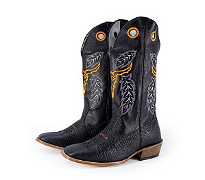 Bota Masculina Mr West B-58 TOURO NEON 1475/ Cabeça Preta/ Cano Preto/ Salto Carrapeta Natural/ Solado Couro