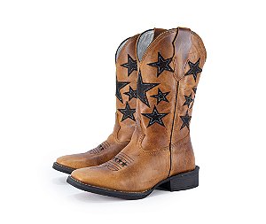 Bota Feminina Mr West Estrela/ Fóssil Mostarda/Cano Médio Mostarda/ Solado Flex/ Bico Quadrado/ Vira Preta B-75 1474