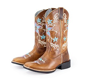 Bota Feminina Mr West Flor Azul e Preto/ Cano Médio Mostarda/ Fóssil Mostarda/ Solado Flex/ Bico Quadrado B75 1474