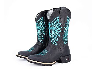 Bota feminina Mr West B-77 CRUZ TQS 1474 FOSSIL PRETO CANO MEDIO NAPA PRETA SOLADO FLEX QUADRADO VIRA PRETA