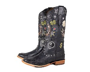 Bota feminina Goyazes Bico quadrado Solado em couro injetado - Café Cano médio Cor - Couro Argentino Preto / Couro Argentino Preto Cod fornecedor - 263201-CC_04