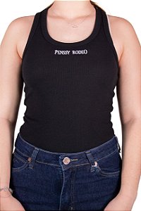 Regata Feminina Penssy Rodeo Aurora 2 - Preta Bordado Cinza