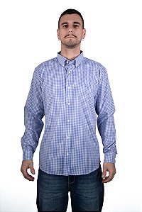 Camisa Masculina Pollo Ralph Lauren Xadrez Azul e Branco com Logo Azul