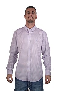 Camisa Masculina Pollo Ralph Lauren Xadrez Branco e Roxo com logo Roxo