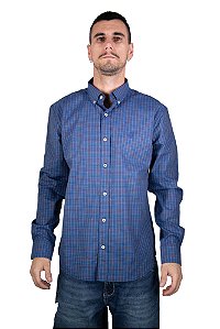 Camisa Masculina Pollo Ralph Lauren Xadrez Azul e Vermelho com Logo Azul