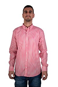Camisa Masculina Pollo Ralph Lauren Xadrez Rosa e Branco com Logo Rosa Neon