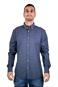 Camisa Masculina Pollo Ralph Lauren Xadrez Marinho e Marrom com Logo Marinho