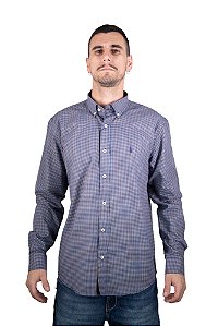 Camisa Masculina Pollo Ralph Lauren Xadrez Azul e Amarelo com Logo Marinho