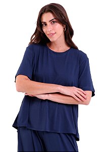 Blusa Feminina Manga Curta com Fenda nas Costas Visco Trendz Azul Marinho