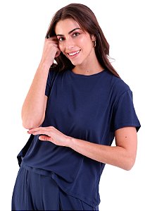 Blusa Feminina Manga Curta Básic Ampla Visco Trendz Azul Marinho