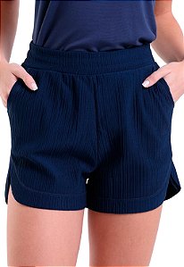 Shorts Feminino Com Bolsos Plissado Trendz Azul Marinho