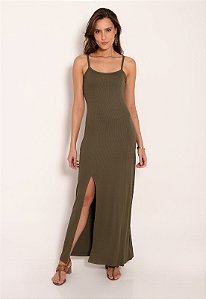 Vestido Longo Canelado com Fenda Lateral