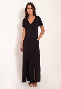 Vestido Modal Longo Com Bolso Lateral e Fenda Frontal