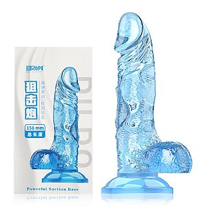 PROTESE AZUL TRANSL COM ESCROTO E VENTOSA 15,8CM LN0585 AZUL