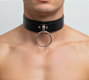 FETICHE COURO COLEIRA LARGA COM ARGOLA PRETO