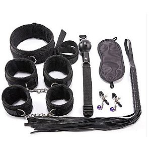 Kit Sado Bondage 8 Itens (Coleira, Guia, Venda, Mordaça, Algema e Chicote) - Preto - 8115