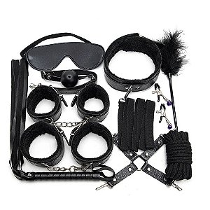 Kit Sado Erótico 10 Produtos Algemas Amarras Venda Chicote Coleira Grampos Mordaça Pena - Bandage SET BLACK - 8115
